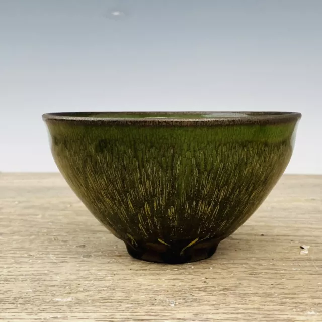 4.9" China Porcelain Song dynasty jian kiln Fambe Green speckle jianzhan Teacup