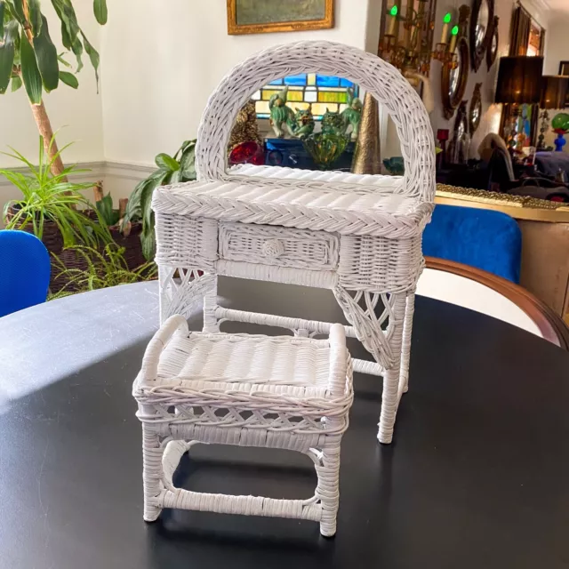 Vintage White Wicker Toy Mirrored Mini Doll Vanity Table + Stool Victorian Style