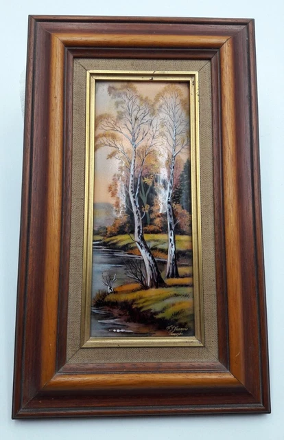 Tableau Emaux D'art De Limoges Signe Carmona Plaque Bombee Decor Paysage Arbres