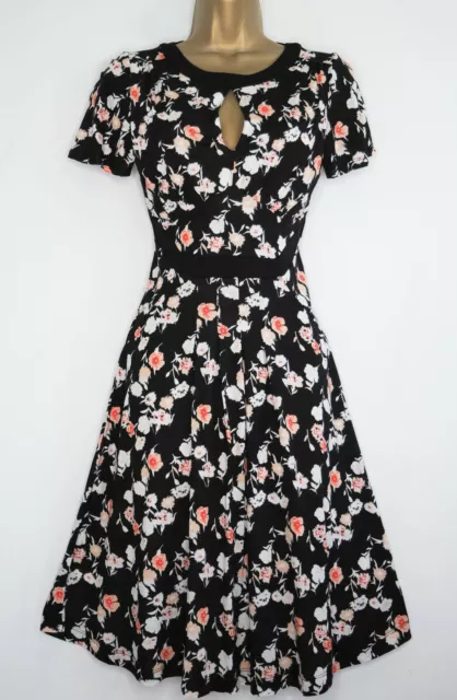French Connection Black Floral Jersey Tea Dress Size Uk 4 6 New Keyhole Neck
