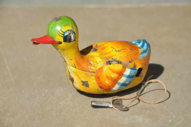 Vintage de Cuerda Litho Colorido Pato Estaño Juguete, Japón ?