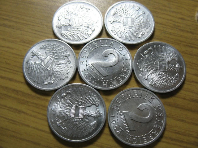 Austria  2 Groschen Unc 1954 Coin . Only 7  Coins  Randomal From Bag .