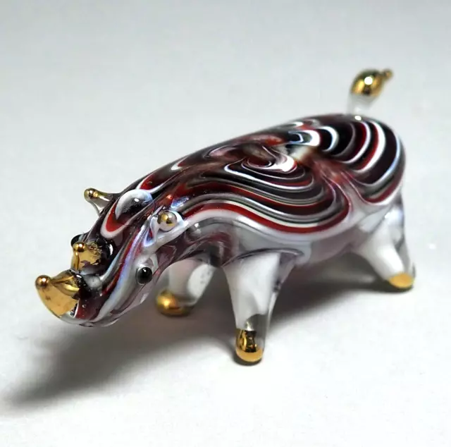 Maroon Milk Rhino figurine hand blown Art Glass gild  2.5"  GIFT - decor