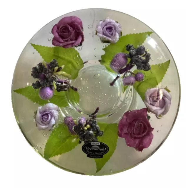 Purple Roses Tea Candle Holder Dream Light Gilde Germany Glass Incased Flowers