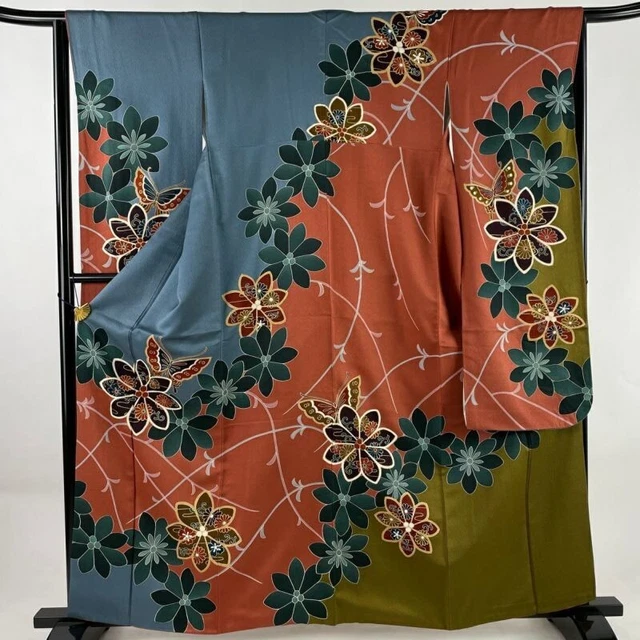Japanese Kimono Furisode Pure Silk Lined Butterfly Grass Flowers Dyed Blue Red