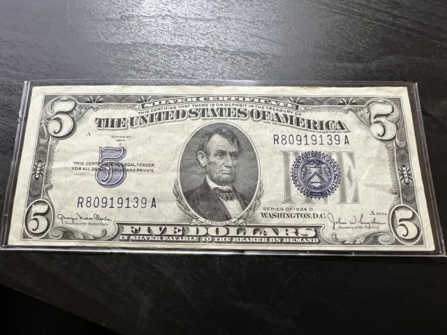 1934 D $5 Five Dollar Silver Certificate Blue Seal Note R80919139A