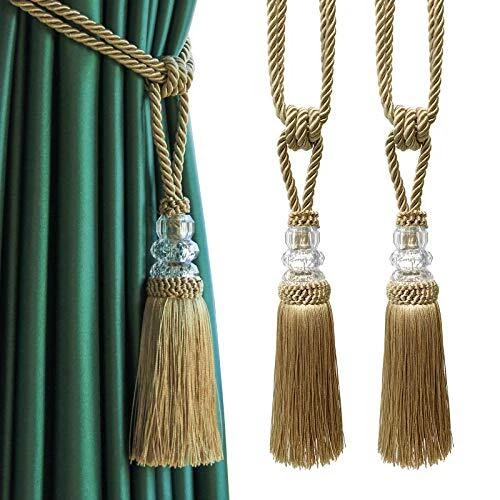 Tassel Curtain Tiebacks Handmade Curtain Tie Backs, Elegant Crystal 2P Golden