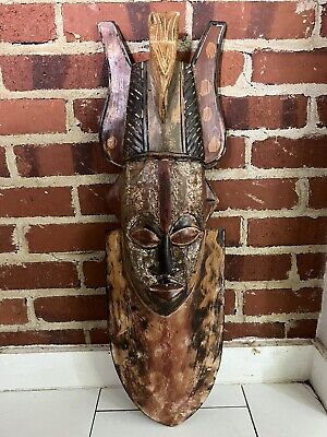 VINTAGE HAND CARVED WOOD TRIBAL NATIVE AFRICAN ETHNIC MASK 27x8