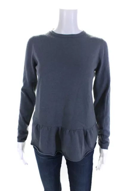 Brunello Cucinelli Womens Ruffled Crew Neck Cashmere Sweater Blue Gray Small