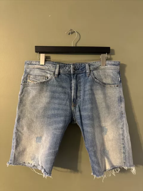 Diesel Jean Short Men 33 Blue Slim Hip Hop Light Wash Distressed Streetwear