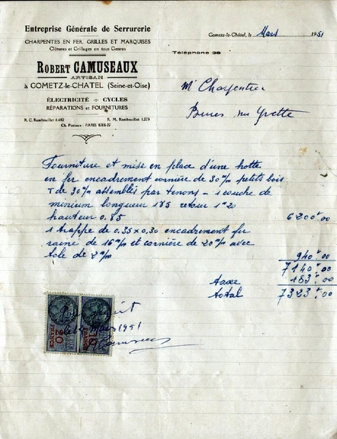GOMETZ-LE-CHATEL (91) LOCKSMITH WORKSHOP ""Robert CAMUSEAUX"" invoice in 1951
