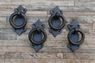 4p Vtg Cast Iron Drawer Cabinet Cupboard Ring Pull Drop Back Plate Knobs Handles