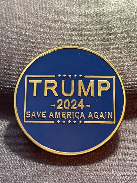 2024 President Donald Trump Save America Again Coin Blue Background Gold Ltrs