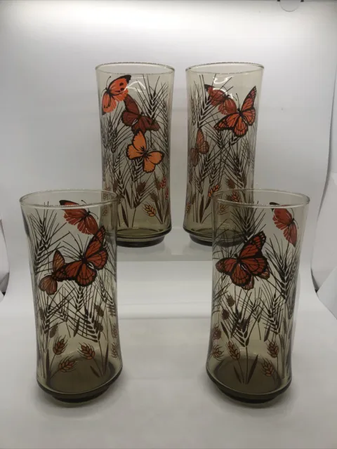 Vintage Libbey Monarch Butterfly Wheat Tawny Garden 6 1/2” Tumblers Set Of 4