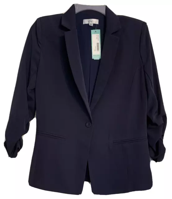 NWT Stitch Fix Womens OVI Taima Blazer Jacket Navy Blue Ruched Sleeves Lined S