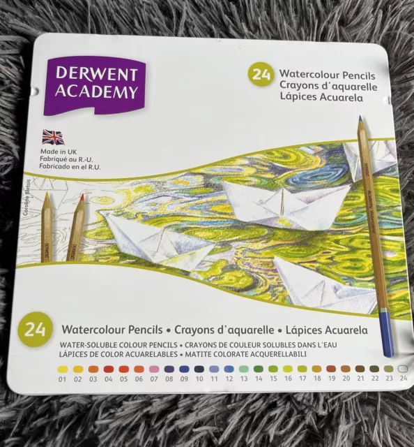 DERWENT ACADEMY 24 Watercolour Paint Water Soluble Pencils in tin Sealed