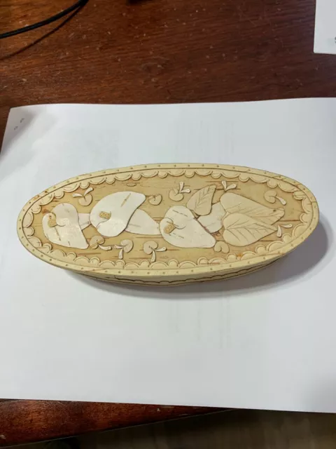 Birch Bark Box Hand Carved Wood Design Made in Russia 7" oval