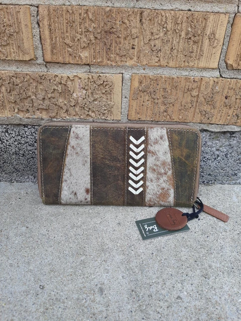 NWT Myra Bag Rustic Brown Cream Cow Cowhide Laced Leather Arrow Patchwork Wallet