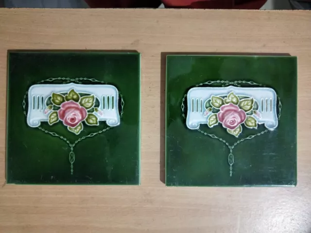 2 Antique Art Nouveau Majolica Tile-Iridescent green-1890's-H&R Johnson England