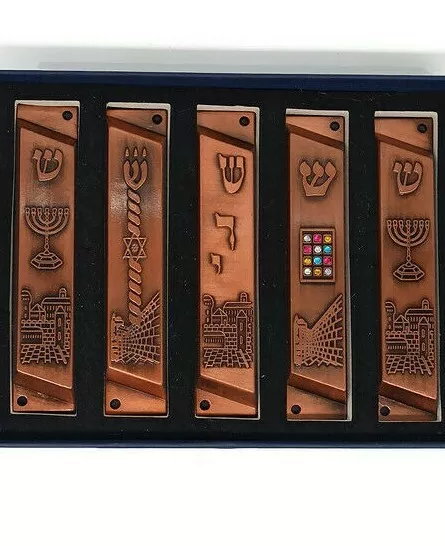 Set Of 5 Pewter Mezuzah Bronze From Jerusalem Menorah Western Wall Star Of David