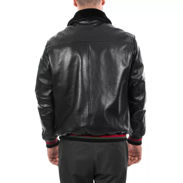 MEN GENUINE LAMBSKIN Bomber leather jacket removable fur Collar Coat ...