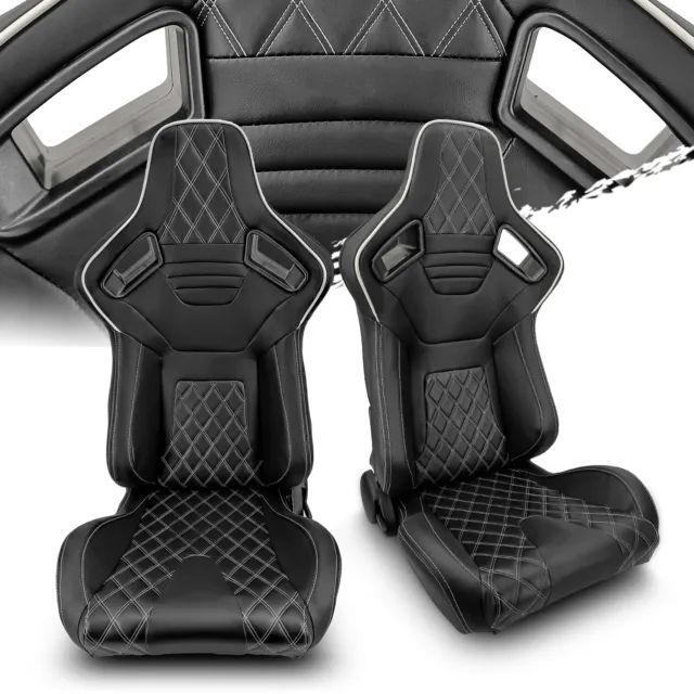 Universal Black PVC Leather/White Stitch Left/Right Recaro Style Racing Seats