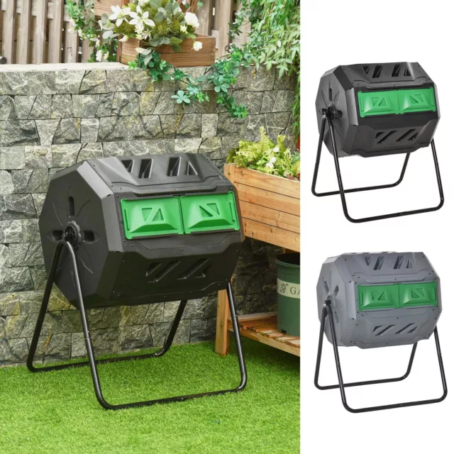 Garden Compost Bin Dual Tumbler Rotating Outdoor Composter with Sliding Doors