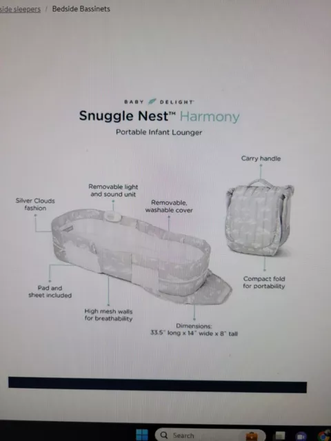 New Baby Delight Snuggle Nest Dream Portable Infant Lounger Bed Gray Clouds Safe 3