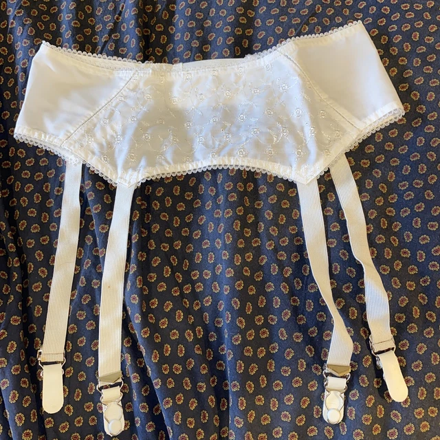 Vintage NOS Garter Belt suspenders Metal Clips White floral embroidered Sz 26