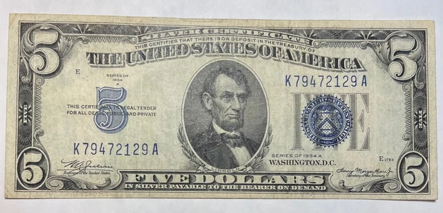 Series of 1934 A United States Silver Certificate $5 Small Note Blue Seal