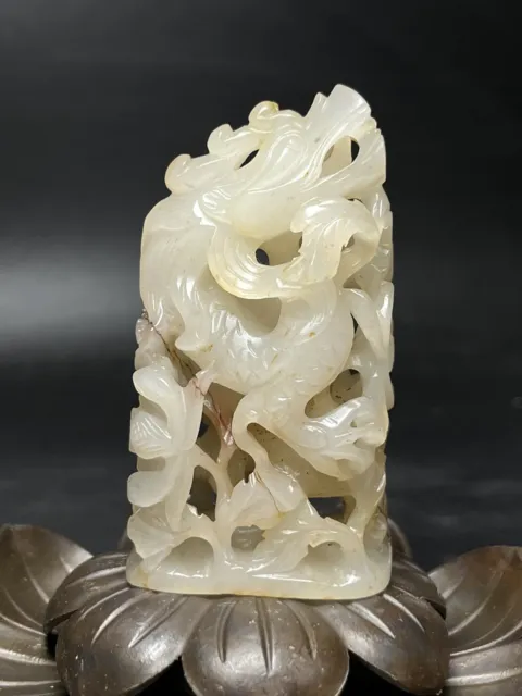 Chinese Exquisite Handmade Dragon carving Hetian Jade Statue