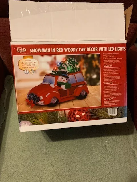 Snowman in Red Woody Car with LED Lights Yard Sculpture Outdoor Christmas Decor