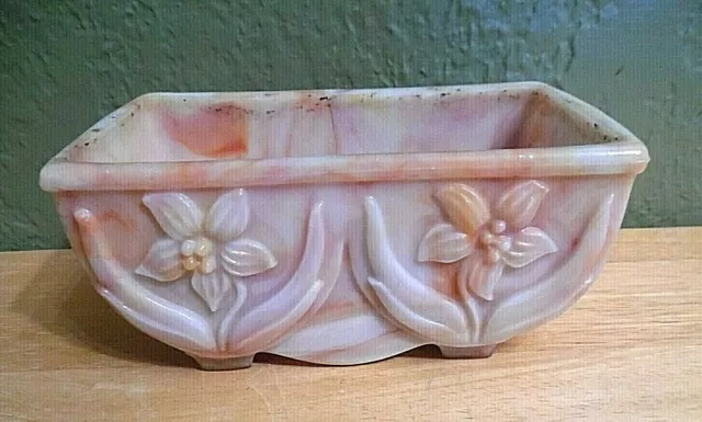 Vintage 1940'S Akro Agate Slag Glass Planter #657 Orange Swirl Daffodil Pattern