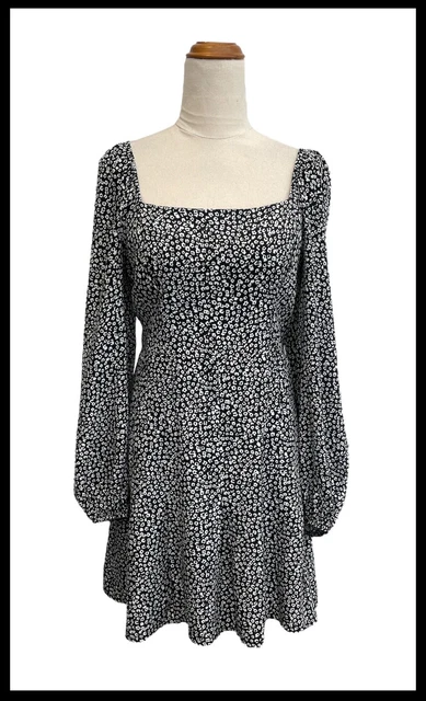 NWOT KOOKAI BRYSON Pleat Black White Floral Long Sleeve Mini