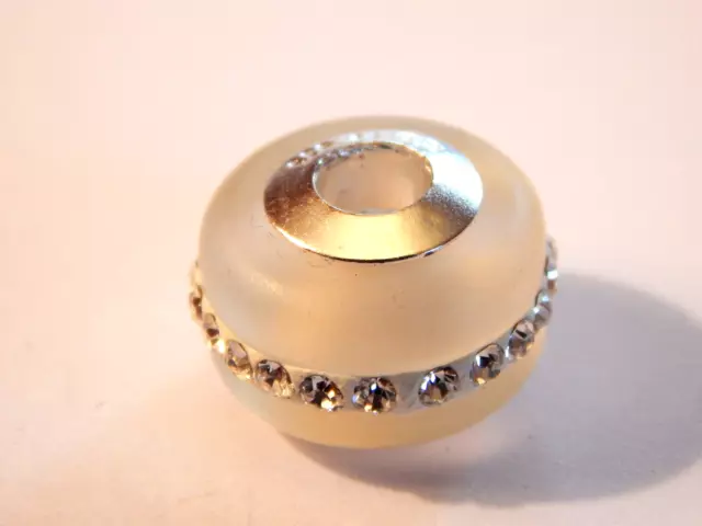 925 Sterling Silver IBB Thai Spacer Bead White Fog Glass With Rhinestones 1/2 In