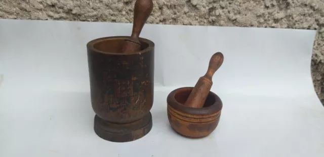 Lot Antique Primitive Old Wooden Cup Mortar And Pestle For Spices 2