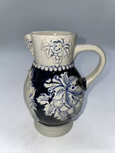 Vtg German Salt Glazed Stoneware Gray Cobalt Blue Pitcher Creamer Grapes Marked