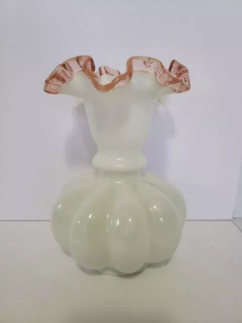 Vintage Fenton White Milk Glass Melon Base Vase Peach Crest Ruffled Edge 8"