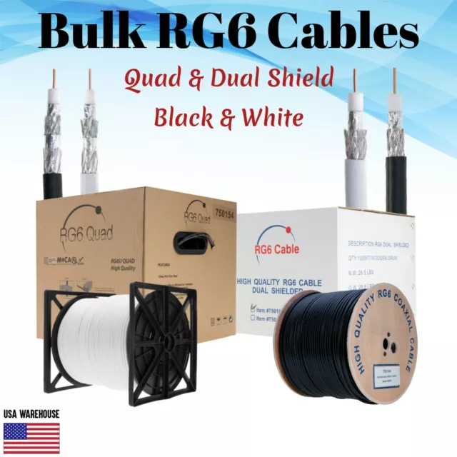 RG6 Coaxial Bulk Cable 500ft 1000ft Dual Quad Shielded 18AWG Black White Coax TV