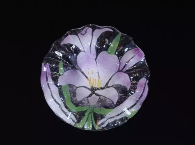 Vintage Sydenstricker Fused Art Glass Bowl Floral Design in Purple Irises  7.75
