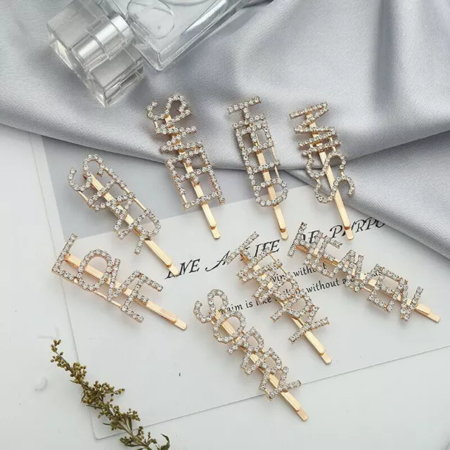 Women Girls Rhinestone Hair Clips Crystal Words Letters Bridal Hairpin Barrette