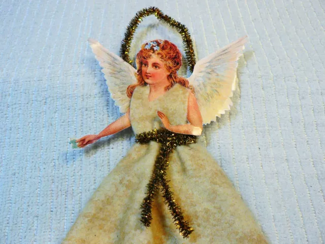 Antique Victorian Angel Die Cut German Spun Cotton Tinsel Christmas Ornament