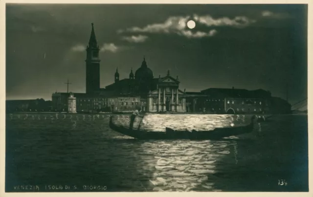 Venice at night by moonlight. Church of San Giorgio Maggiore. Gondola. (1920s)