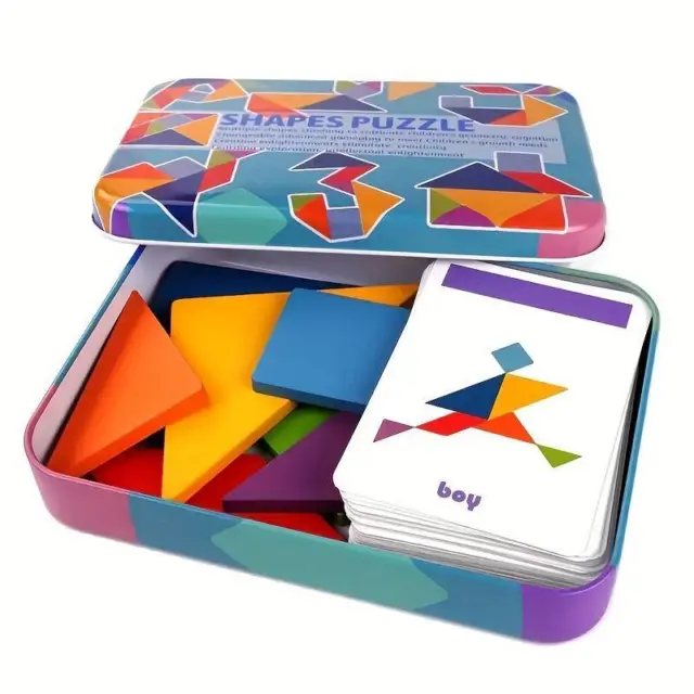 Wooden Pattern Blocks Tangram Shape Puzzle Game Montessori Toys for Toddler Kids