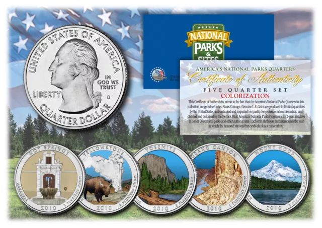 2010 America The Beautiful COLORIZED Quarters U.S. Parks 5-Coin Set w/Capsules