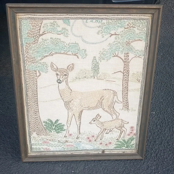 Vintage 1930's Framed handmade tapestry 1939 Deers nature 17 1/2 x 21 1/2