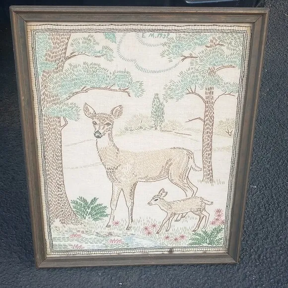 Vtg 1940's original Framed handmade tapestry Deers nature 17 1/2 x 21 1/2