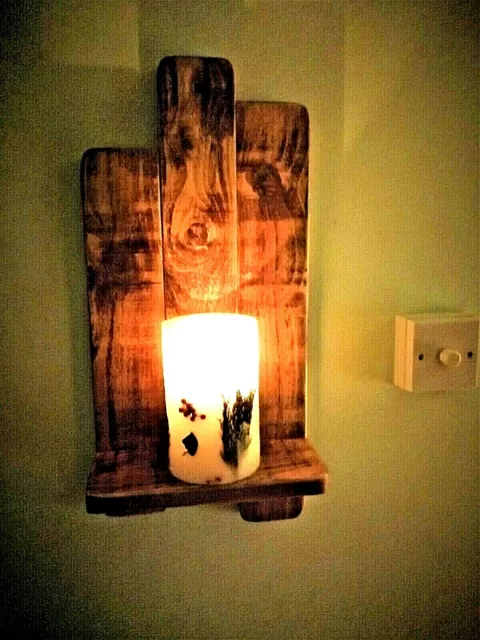 Large 52Cm Tall Rustic Reclaimed Pallet Wood  Wall Sconce / Candle  Holder