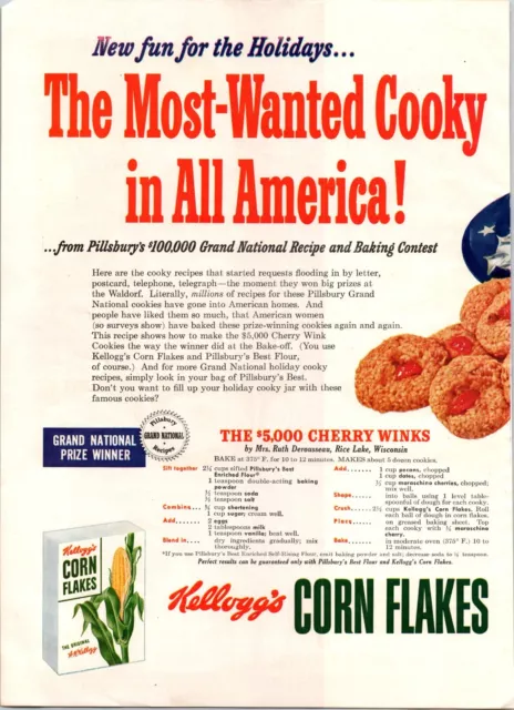 1952 Kellogg Pillsbury Vintage Print Ad 2 Page Cookies Cornflakes Recipe Contest