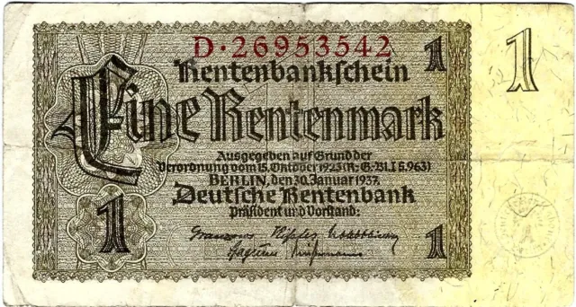 Banknote Rentenbankschein 1 Rentenmark 1937 Berlin DEU-222b Ro.166b P-173b(1)